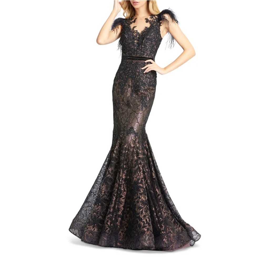 Mac Duggal Black Faux Feather Illusion Neckline & Back Full Length Mermaid Gown